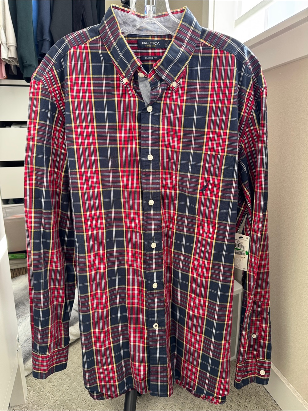 💯%Cotton Nautica Red, Navy & Yellow Button-Down Shirt